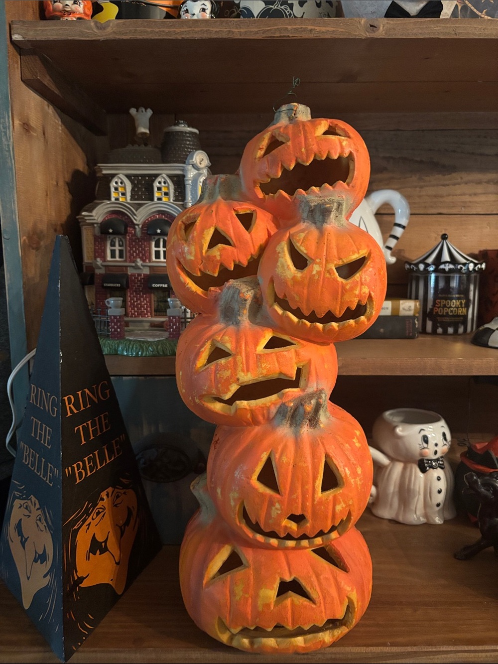 Trendmasters Lighted Foam Blow Mold Stacked Pumpkin Jack O'Lanterns 18”H 1990s